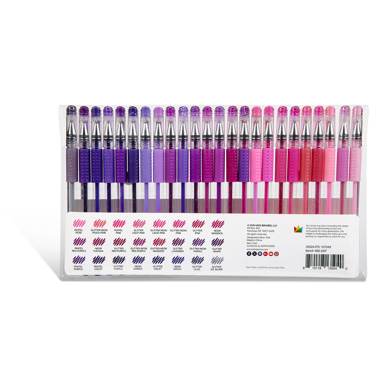 Gel Pens, Soft Grip, 24 Pink & Purple Tone Colors from KINGART