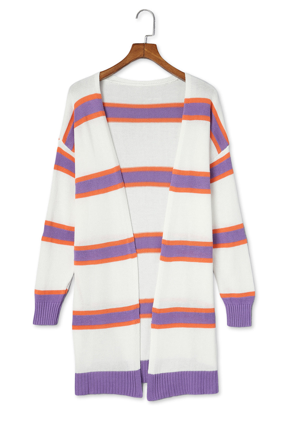 Beige Button-Up Striped Cardigan with Ribbed Trim and Long Sleeves from MsDressly
