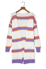 Beige Button-Up Striped Cardigan with Ribbed Trim and Long Sleeves from MsDressly