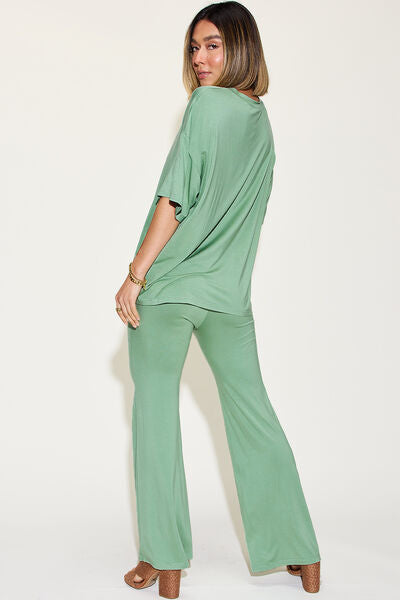 Basic Bae Full Size Bamboo Drop Shoulder T-Shirt and Flare Pants Set from Enfance-Heureuse