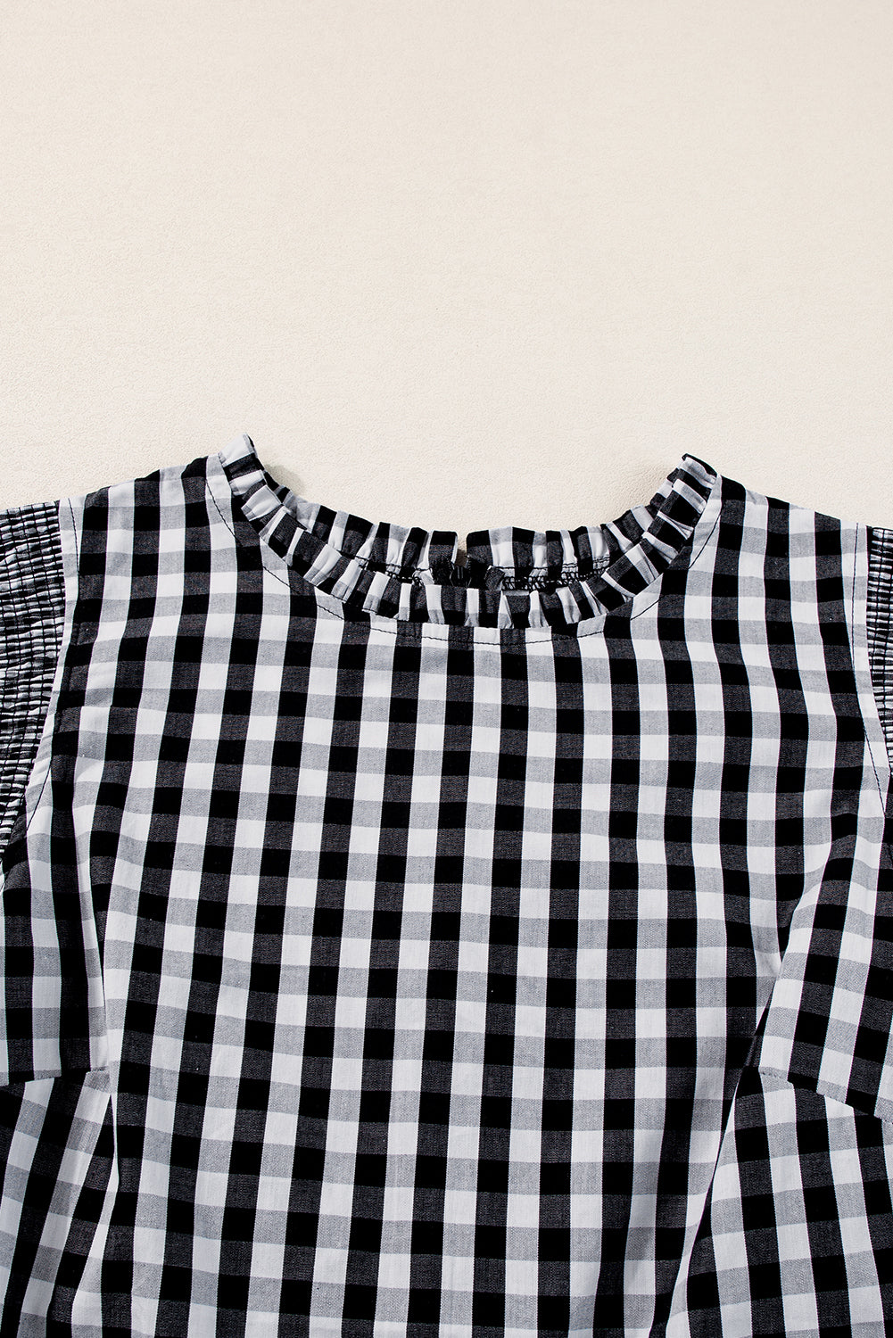 Black Checkered Ruffled Sleeve Frilled Neck Blouse from MsDressly