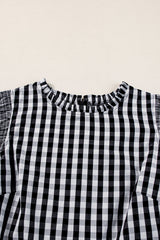 Black Checkered Ruffled Sleeve Frilled Neck Blouse from MsDressly