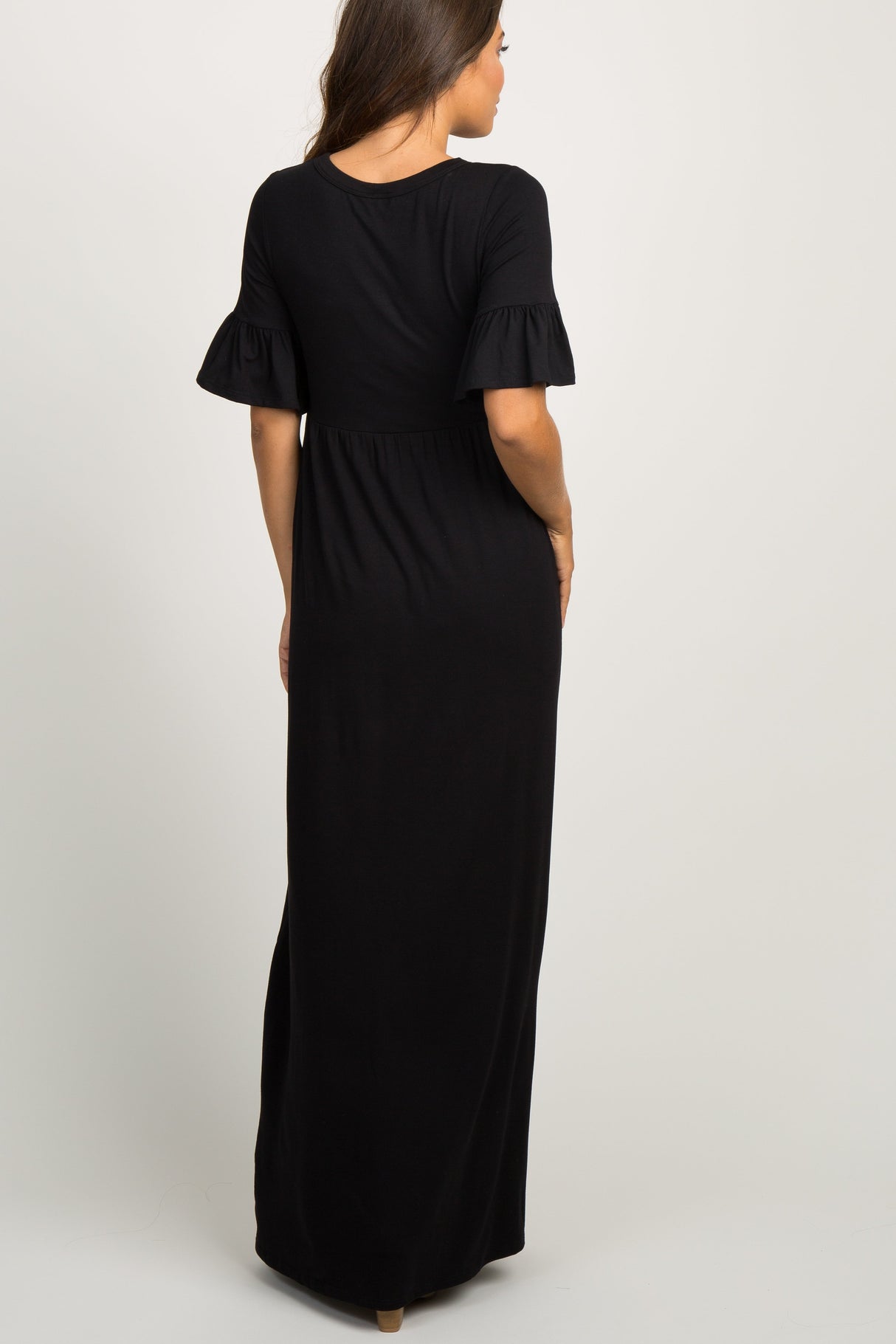 Black Button Ruffle Sleeve Maternity Maxi Dress from PinkBlush