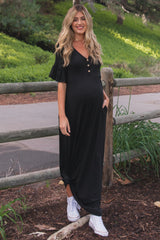 Black Button Ruffle Sleeve Maternity Maxi Dress from PinkBlush