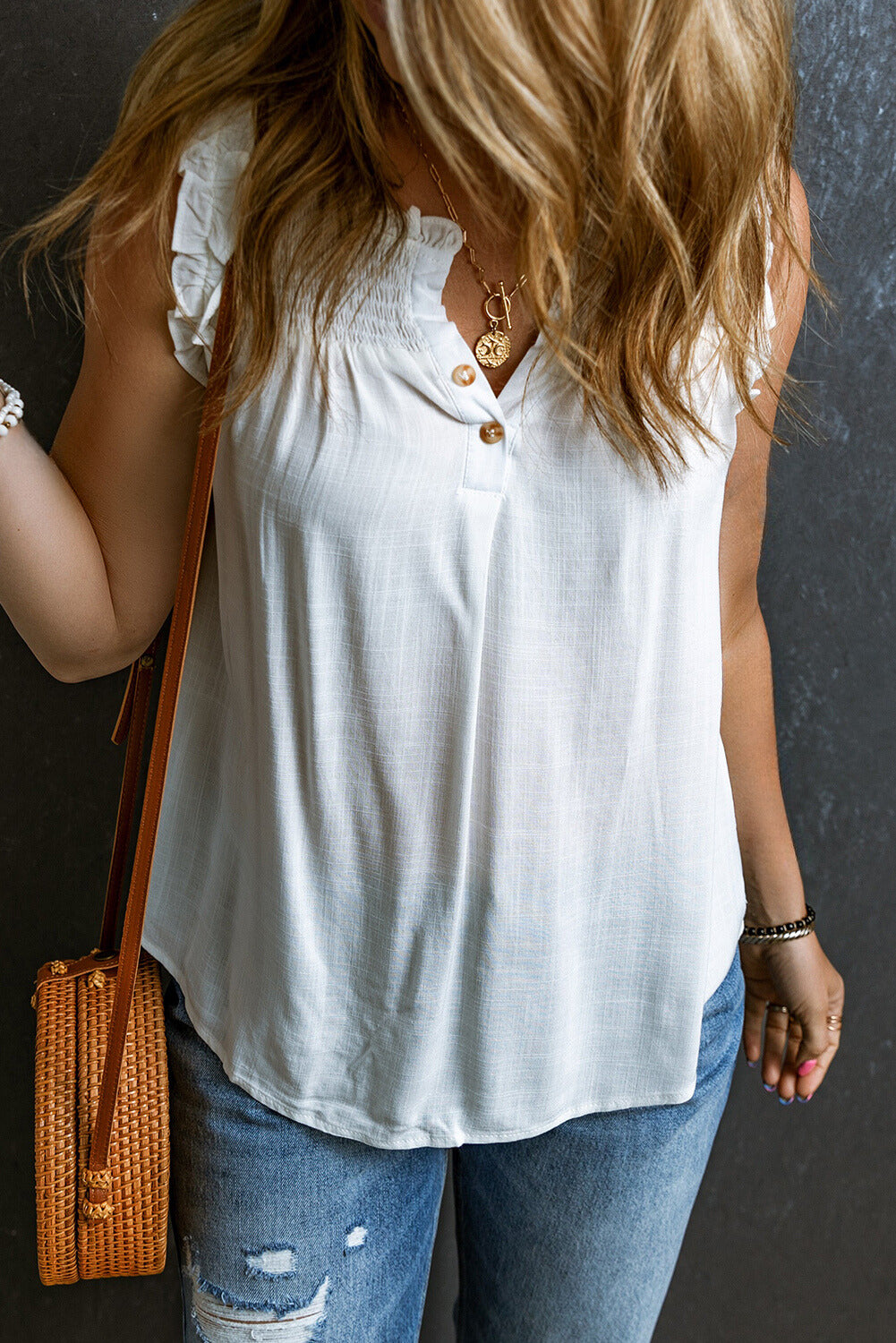 Savan Button Split Neck Ruffled Trim Tank Top From Threaded Pear