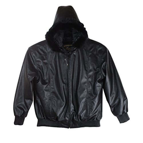 REED Men's Detachable Hooded Faux Fur Leather Bomber Jacket with Baseball Style Collar - Imported from Reed Leather