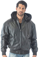 REED Men's Detachable Hooded Faux Fur Leather Bomber Jacket with Baseball Style Collar - Imported from Reed Leather