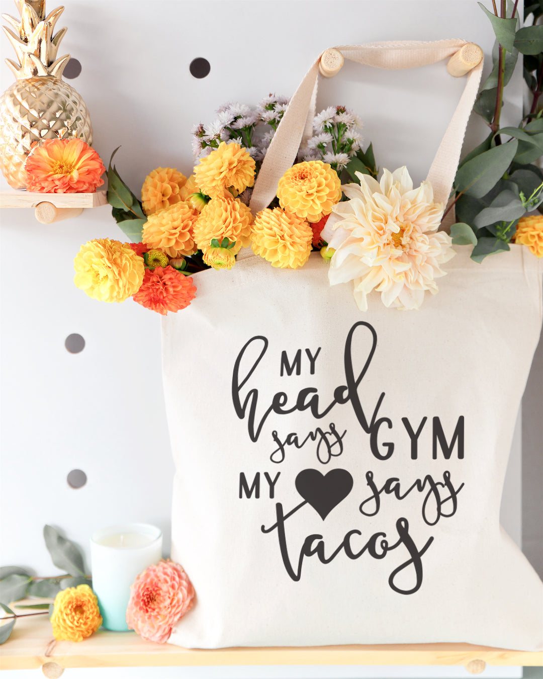My Head Says Gym, My Heart Says Tacos Gym Cotton Canvas Tote Bag from The Cotton & Canvas Co.