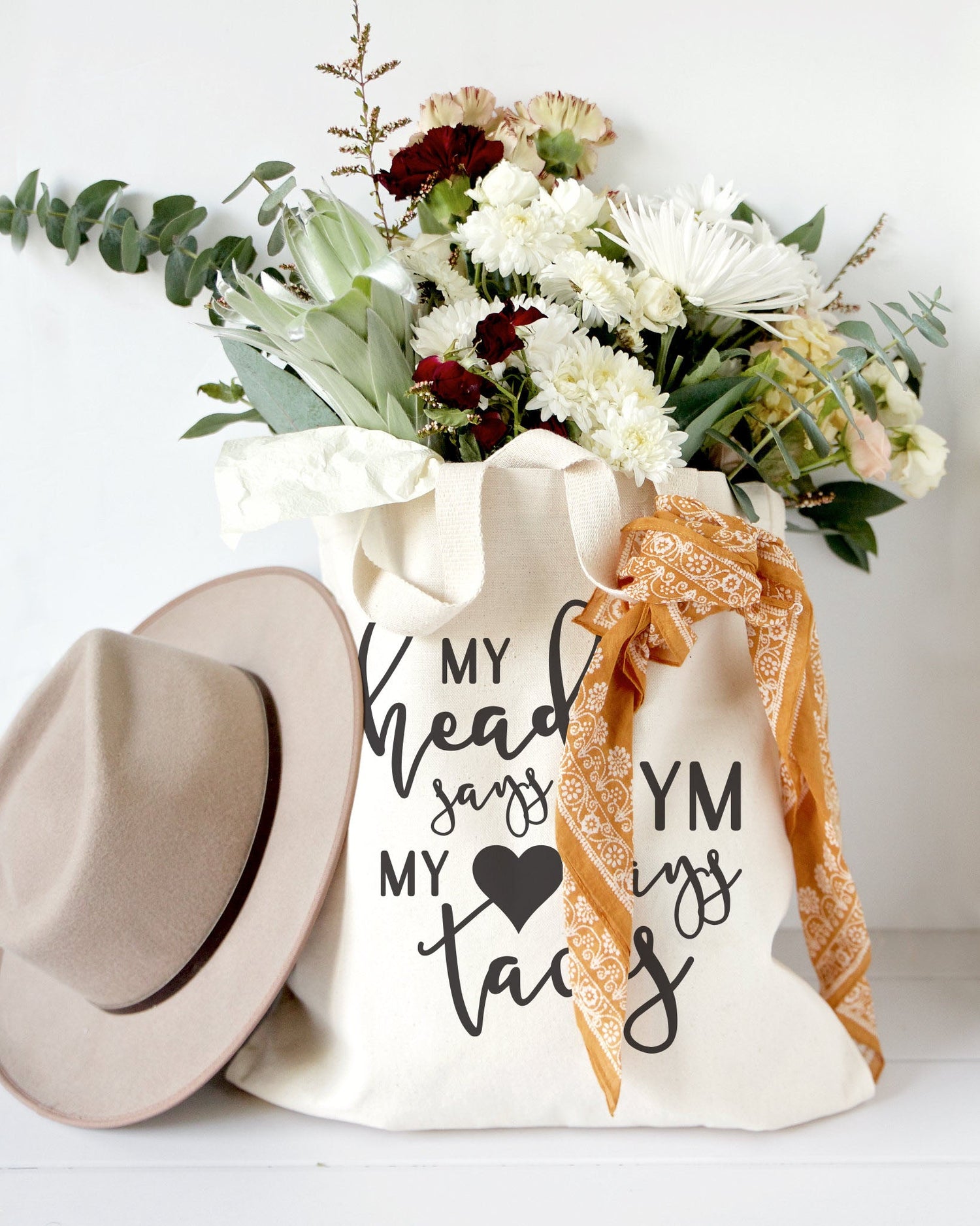 My Head Says Gym, My Heart Says Tacos Gym Cotton Canvas Tote Bag from The Cotton & Canvas Co.