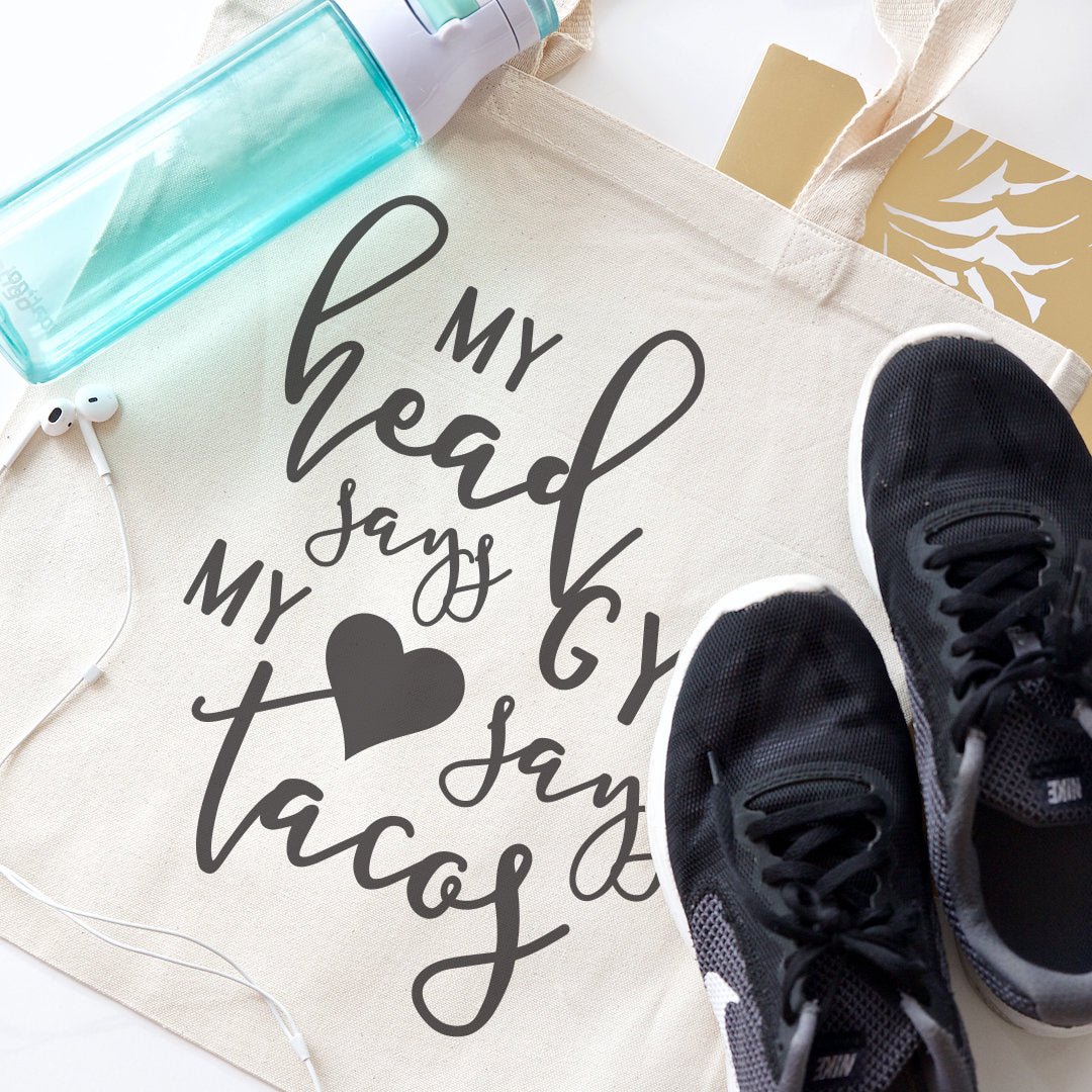 My Head Says Gym, My Heart Says Tacos Gym Cotton Canvas Tote Bag from The Cotton & Canvas Co.