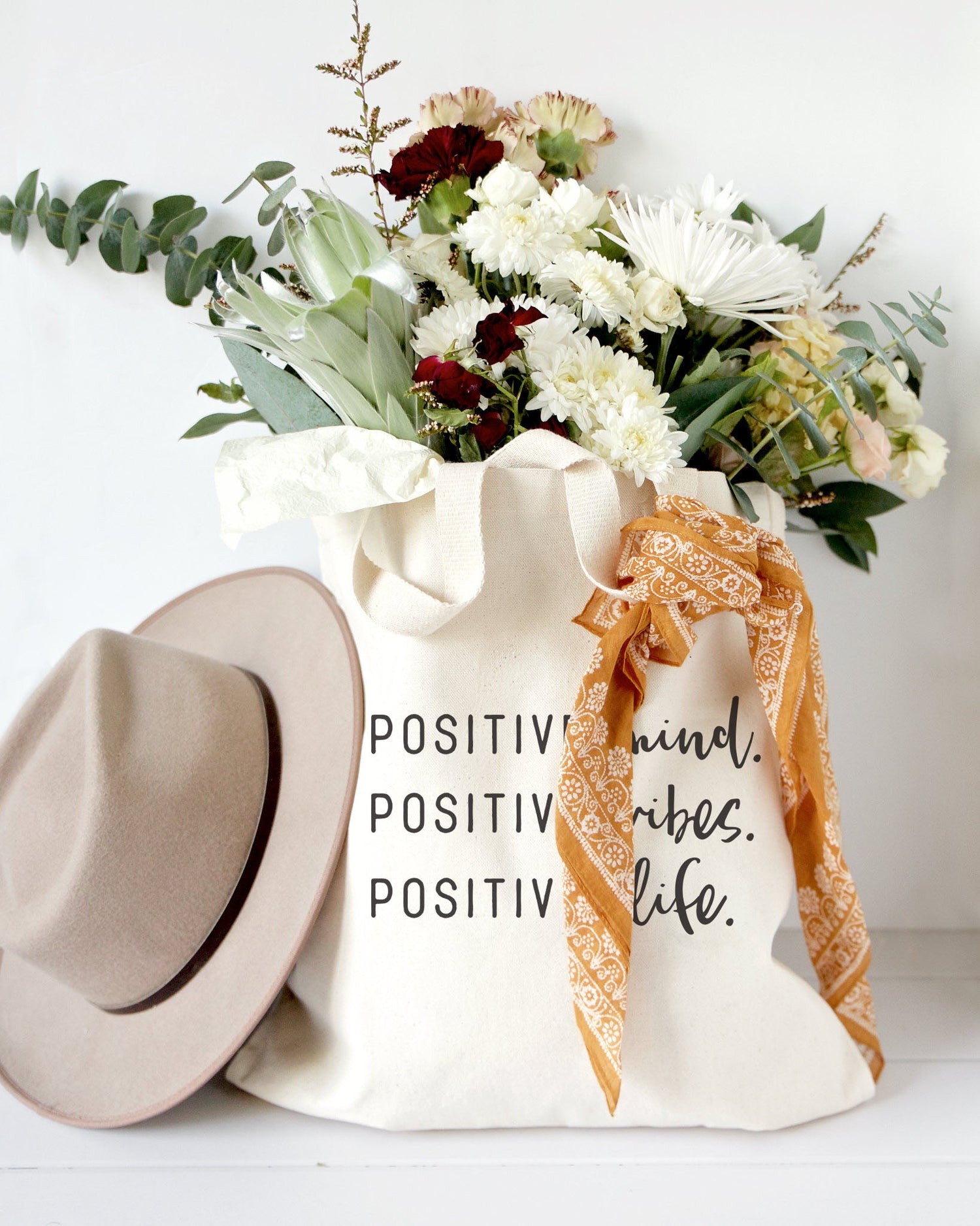 Positive Mind. Positive Vibes. Positive Life. Tote Bag from The Cotton & Canvas Co.