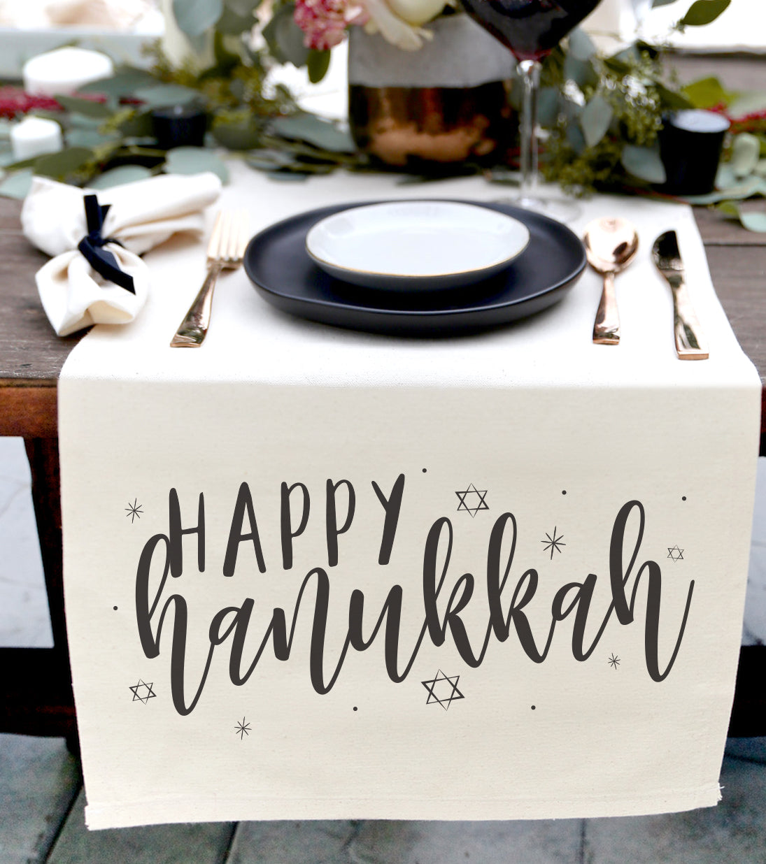 Happy Hanukkah Canvas Table Runner from The Cotton & Canvas Co.