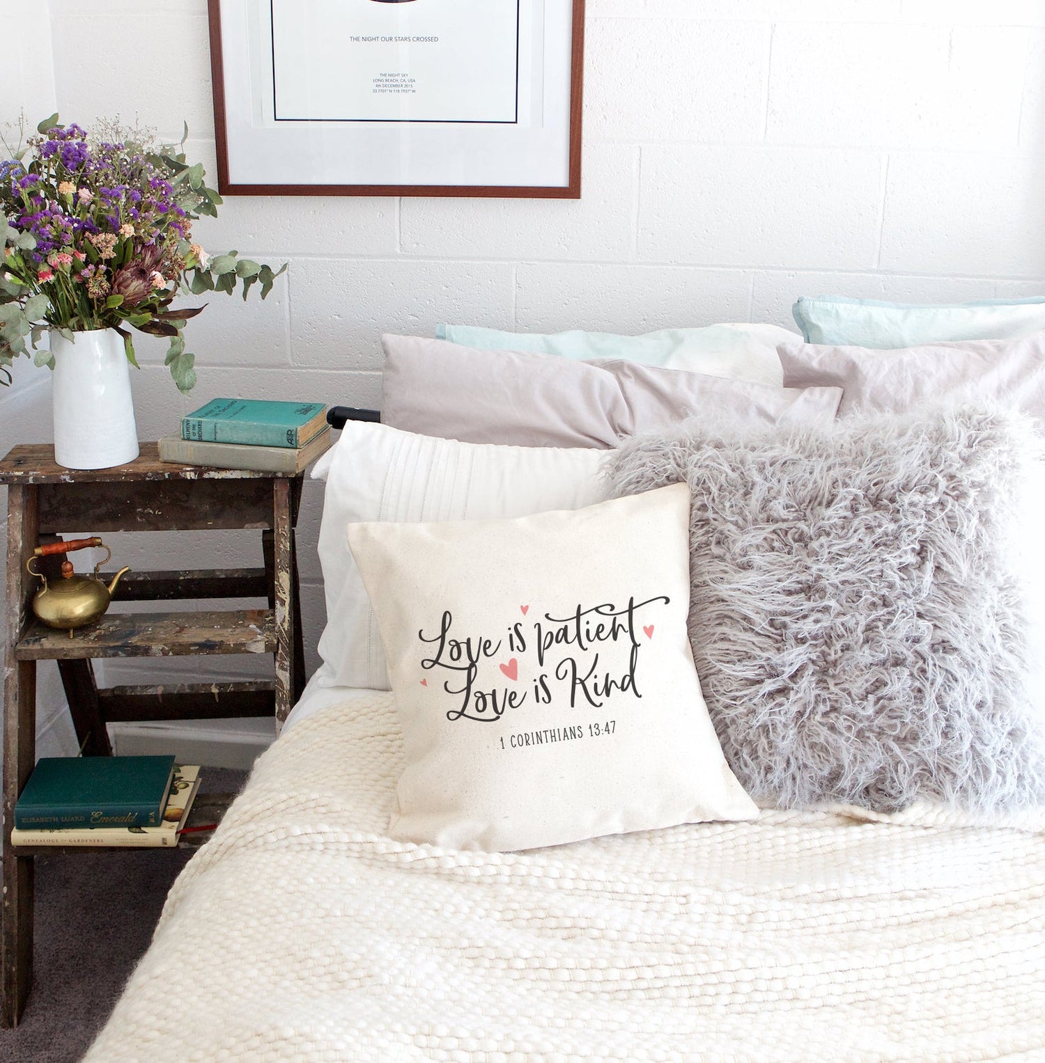 Love is patient. Love is kind. 1 Corinthians 13:47 Pillow Cover from The Cotton & Canvas Co.