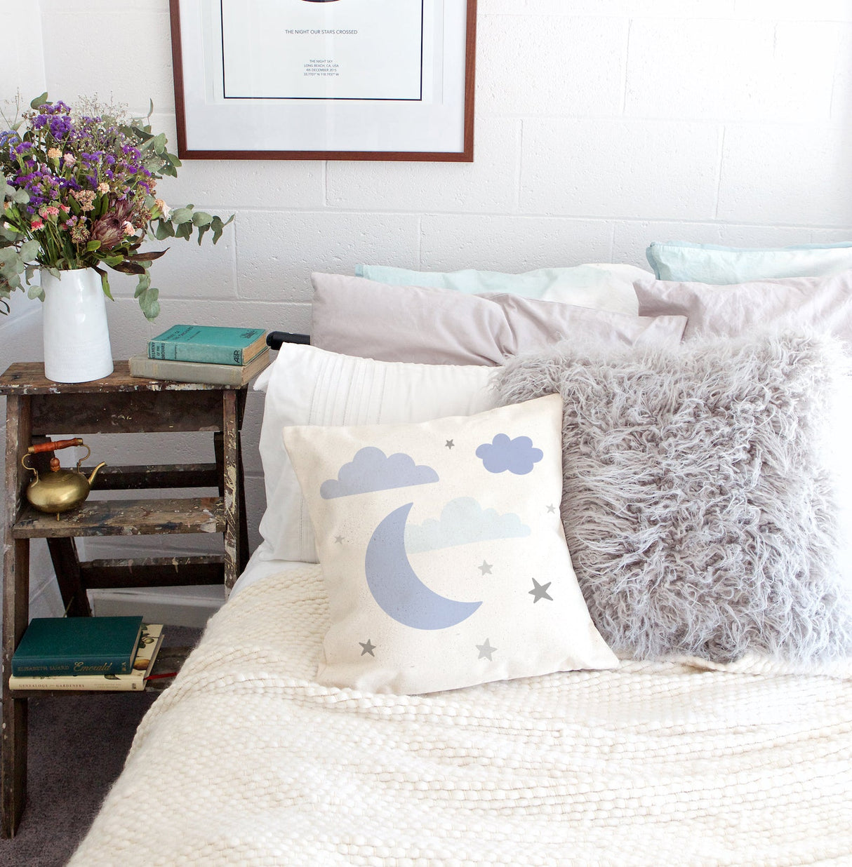 Blue Clouds and Moon  Cotton Canvas Baby Pillow Cover from The Cotton & Canvas Co.