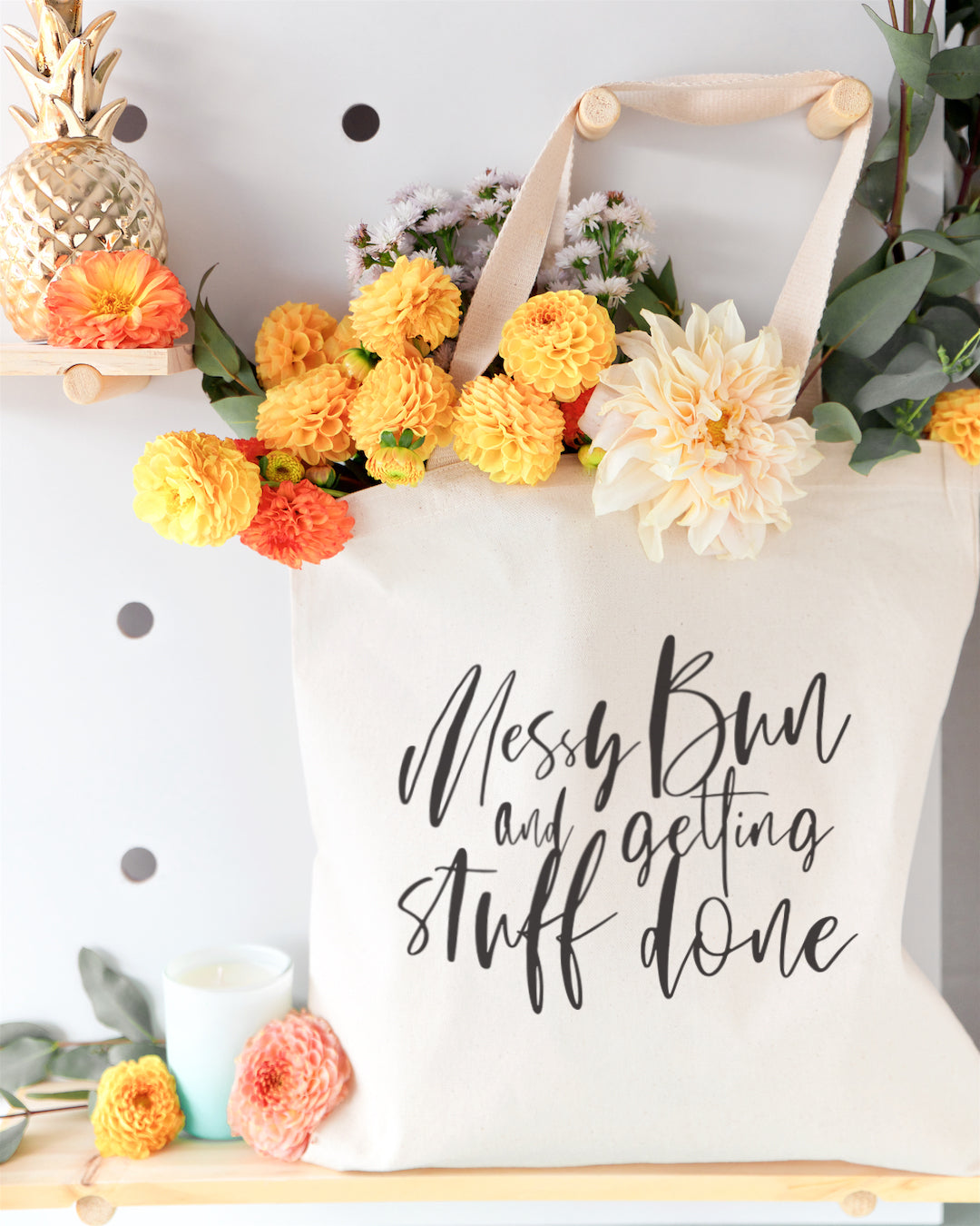Messy Bun and Getting Stuff Done Cotton Canvas Tote Bag from The Cotton & Canvas Co.