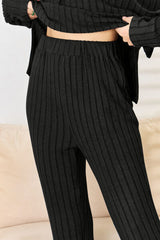 Basic Bae Full Size Ribbed Drawstring Hooded Top and Straight Pants Set from Enfance-Heureuse