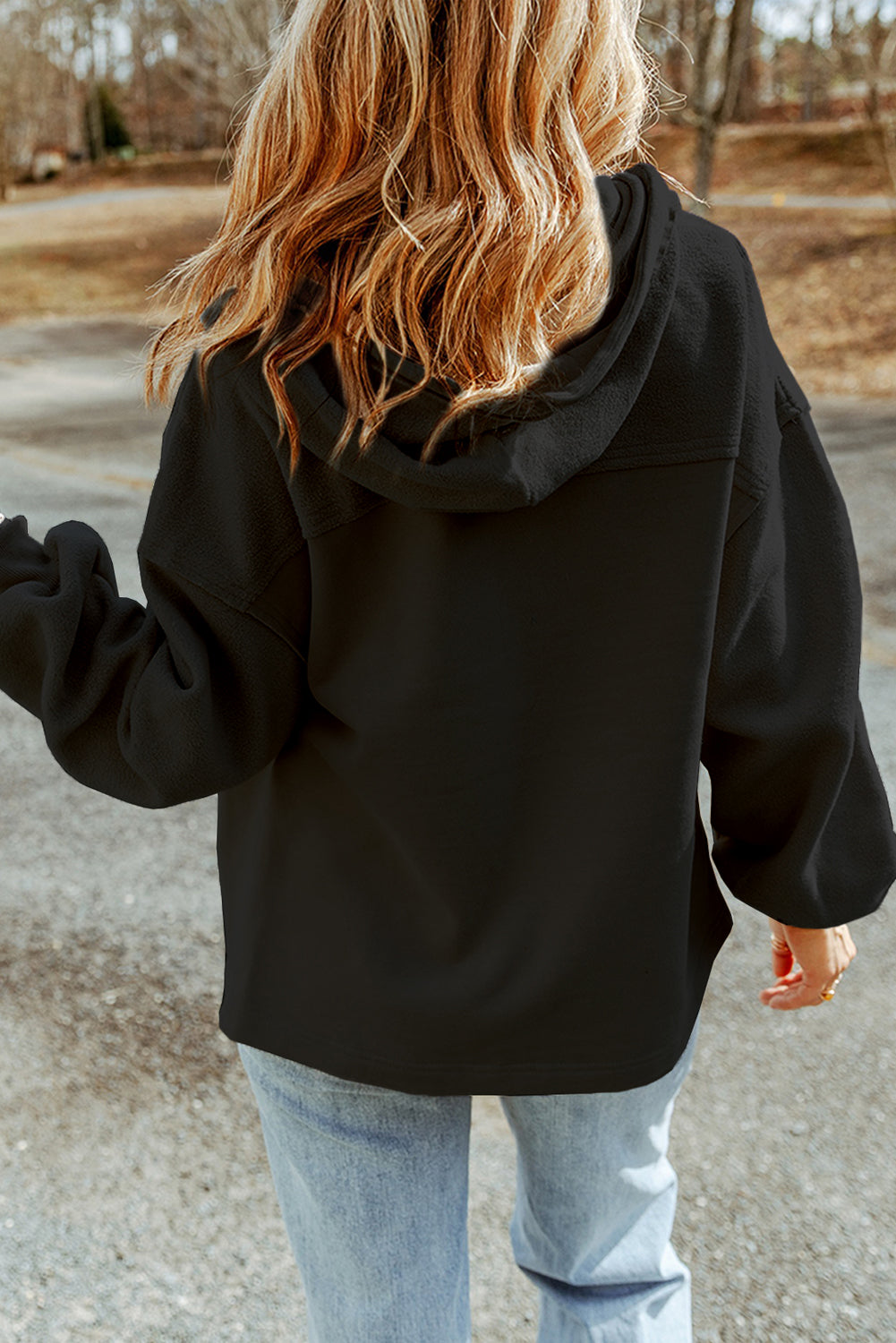 Black Flap Pocket Drawstring Hood Zip Up Jacket from MsDressly
