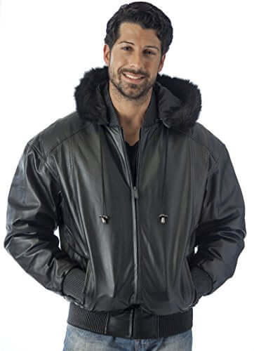 REED Men's Hooded Leather Bomber Jacket with Zip Out - Imported from Reed Leather