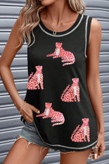 Black Sequin Cheetah Round Neck Stitching Loose Tank Top From MsDressly