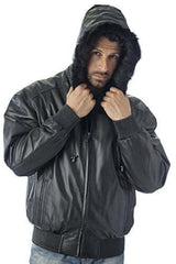 REED Men's Hooded Leather Bomber Jacket with Zip Out - Imported from Reed Leather