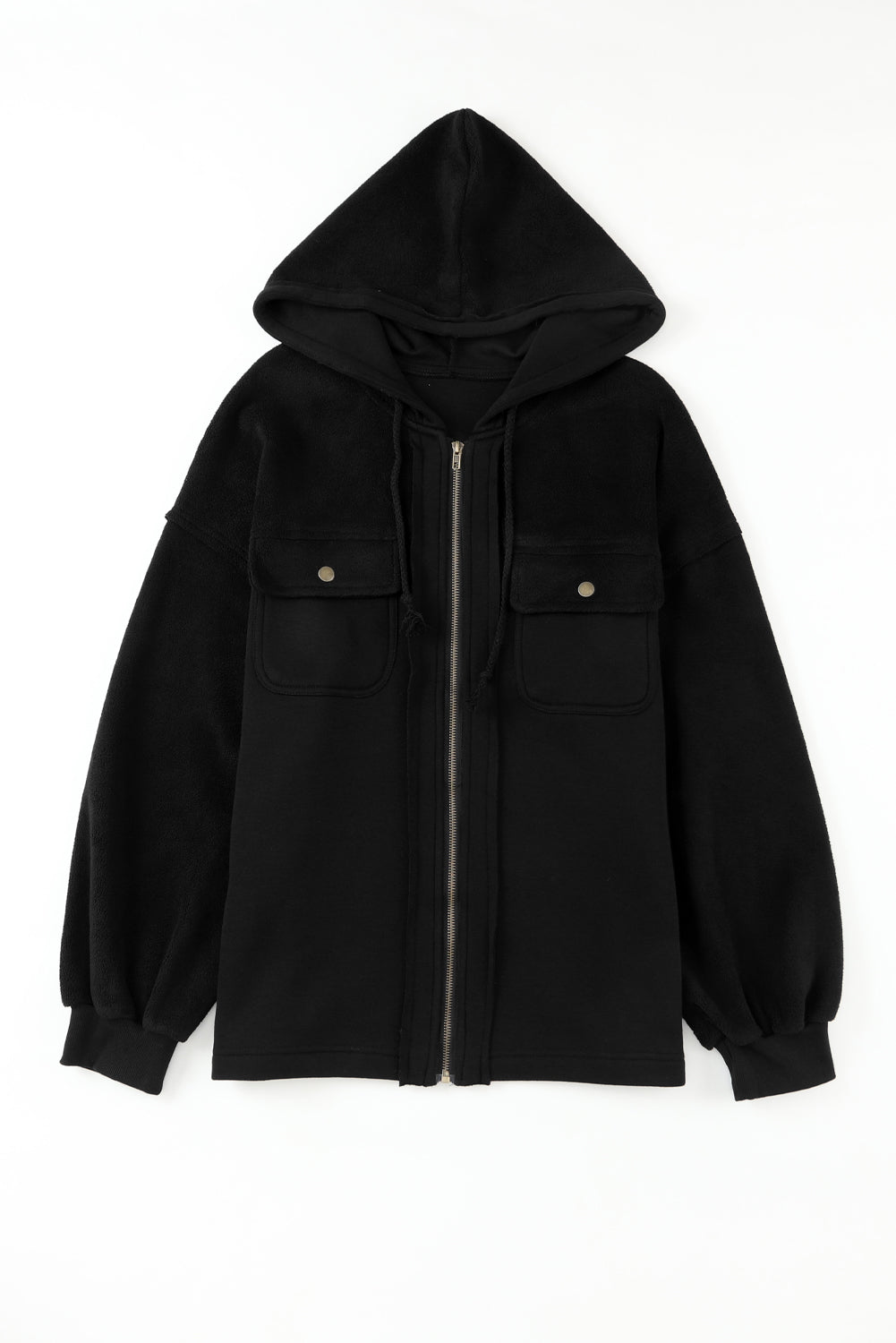 Black Flap Pocket Drawstring Hood Zip Up Jacket from MsDressly