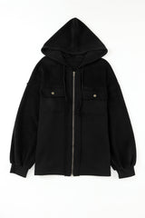 Black Flap Pocket Drawstring Hood Zip Up Jacket from MsDressly