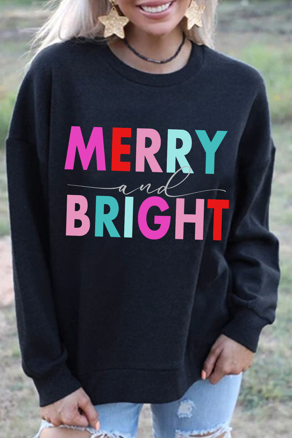 Black Colorful MERRY and BRIGHT Graphic Sweatshirt from MsDressly