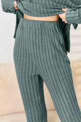 Basic Bae Full Size Ribbed Drawstring Hooded Top and Straight Pants Set from Enfance-Heureuse