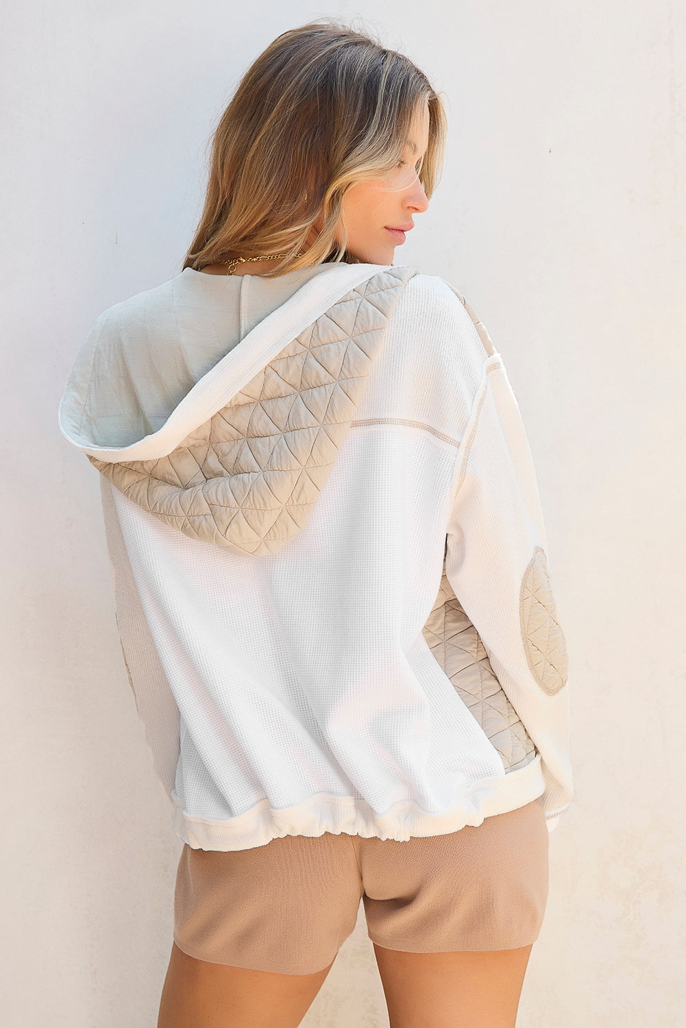 Beige Quilted Textured Patchwork Loose Fit Hooded Jacket from MsDressly