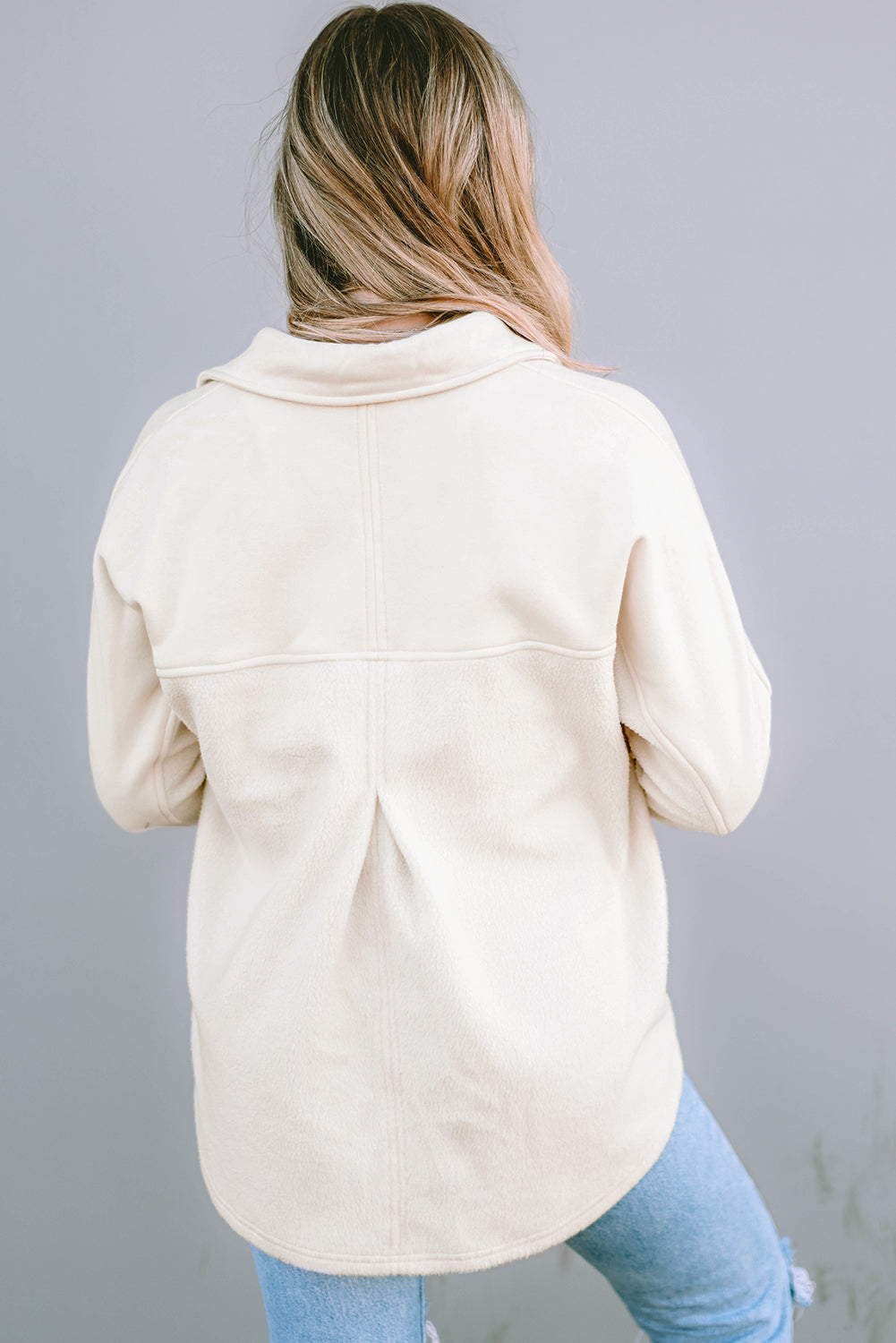 Beige Button-Up Stitching Pocket Raw Hem Shacket from MsDressly