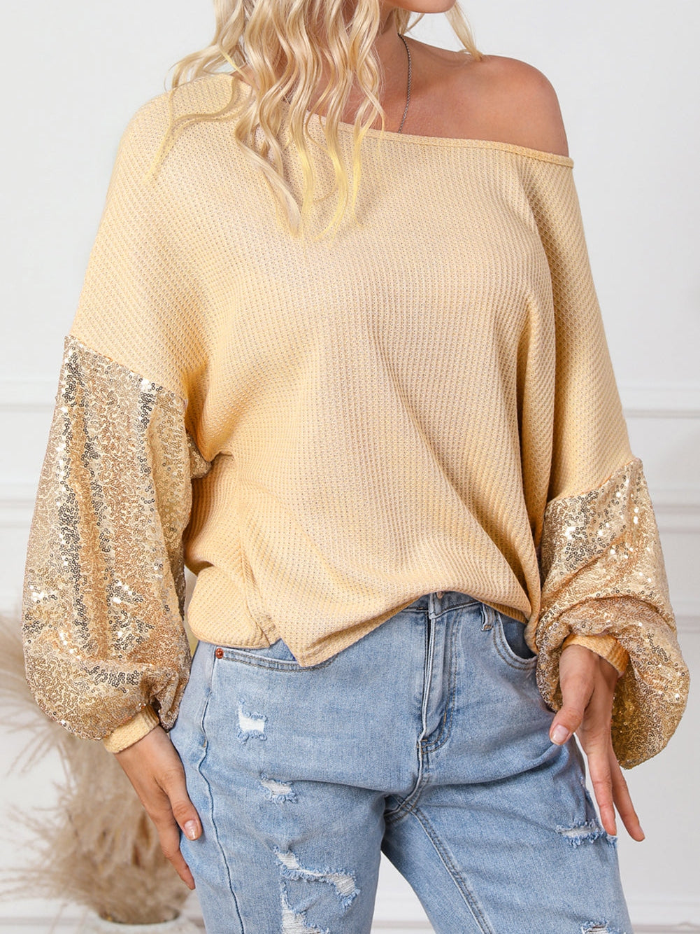 Apricot Sequin Patchwork Waffle Knit Open Back Top with Long Sleeves from MsDressly