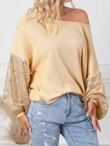 Apricot Sequin Patchwork Waffle Knit Open Back Top with Long Sleeves from MsDressly