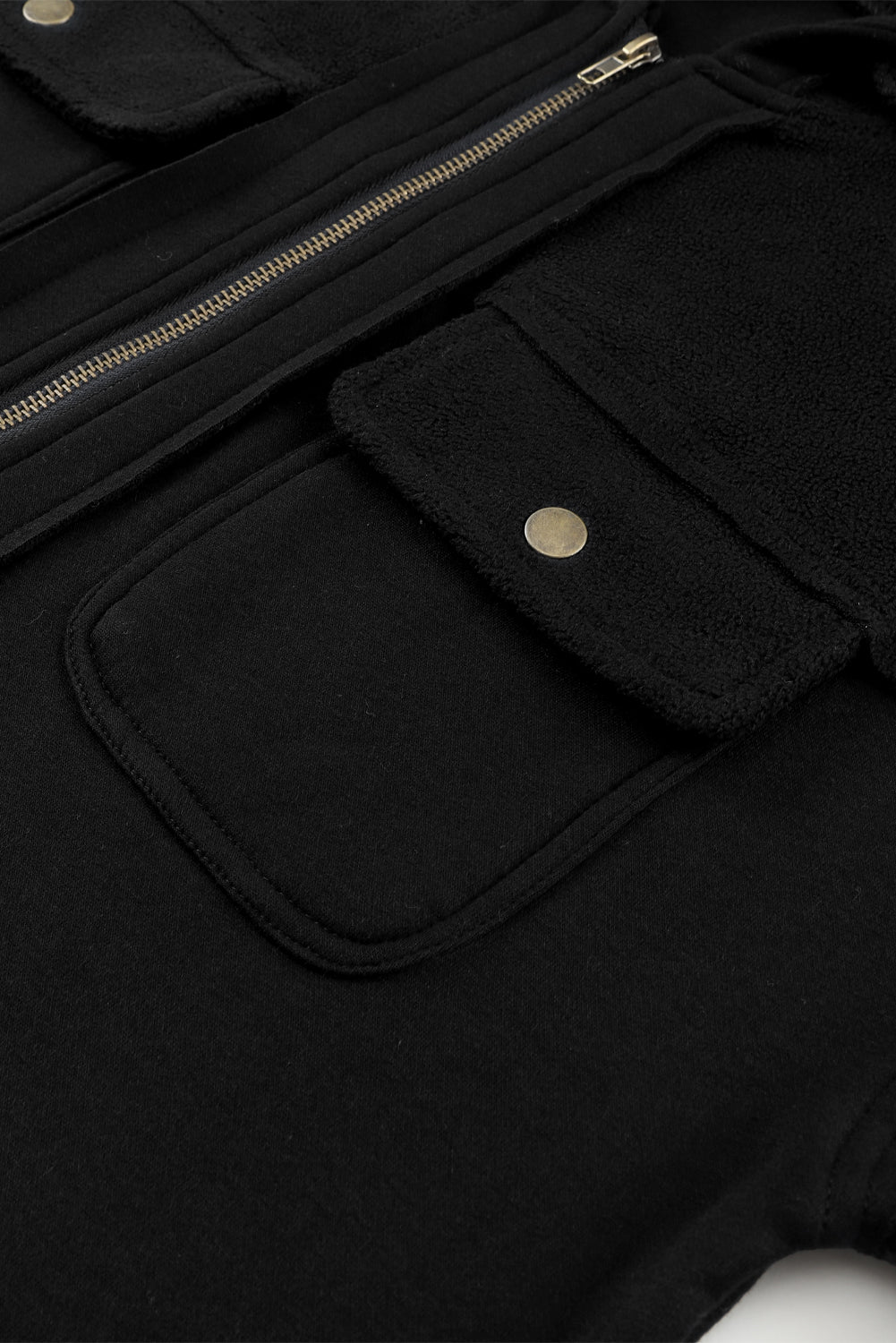 Black Flap Pocket Drawstring Hood Zip Up Jacket from MsDressly