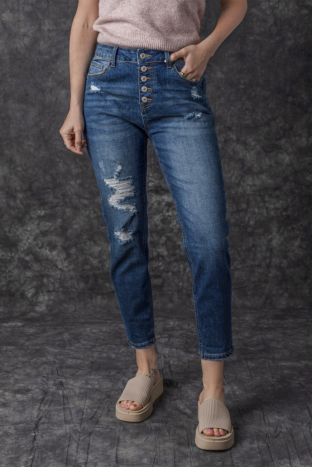 Bailee Distressed Button Fly High Waist Jeans From Threaded Pear