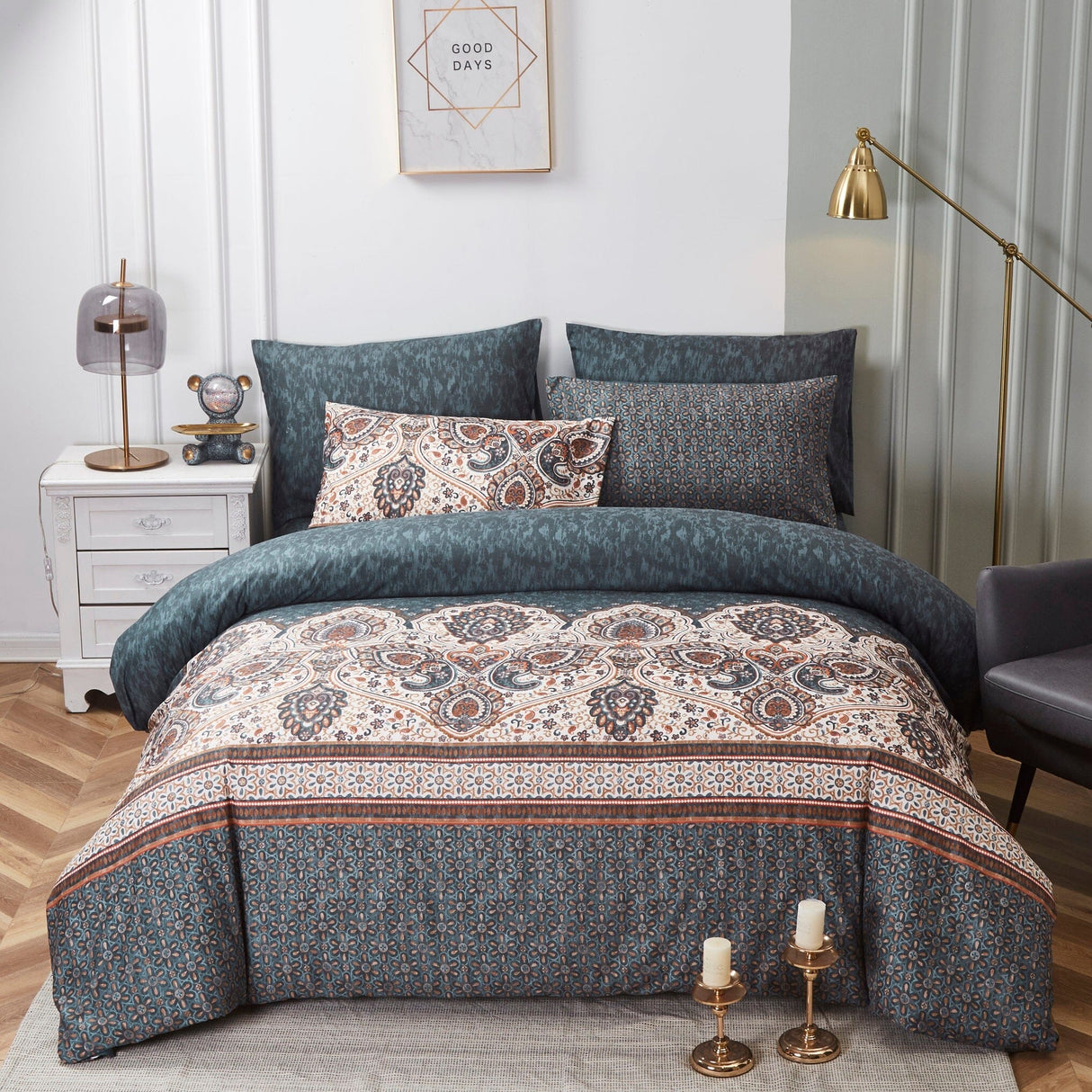 Tache Rustic Paisley Mandala Palace Floral Watercolor Dark Teal Duvet Cover (KF174) from Tache Home Fashion