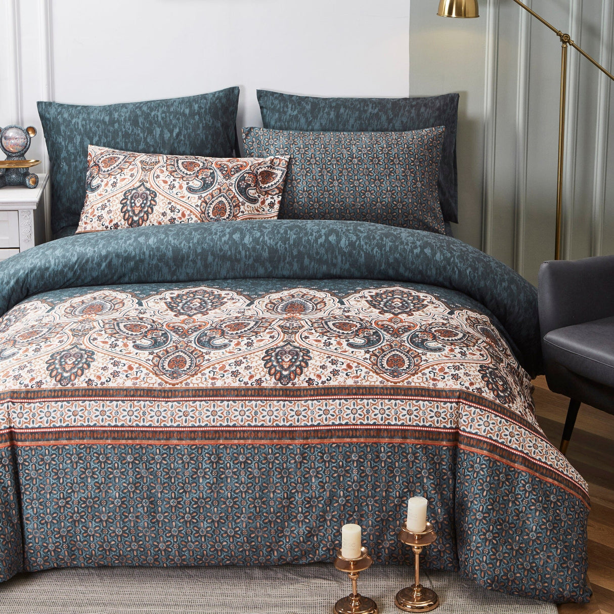 Tache Rustic Paisley Mandala Palace Floral Watercolor Dark Teal Duvet Cover (KF174) from Tache Home Fashion