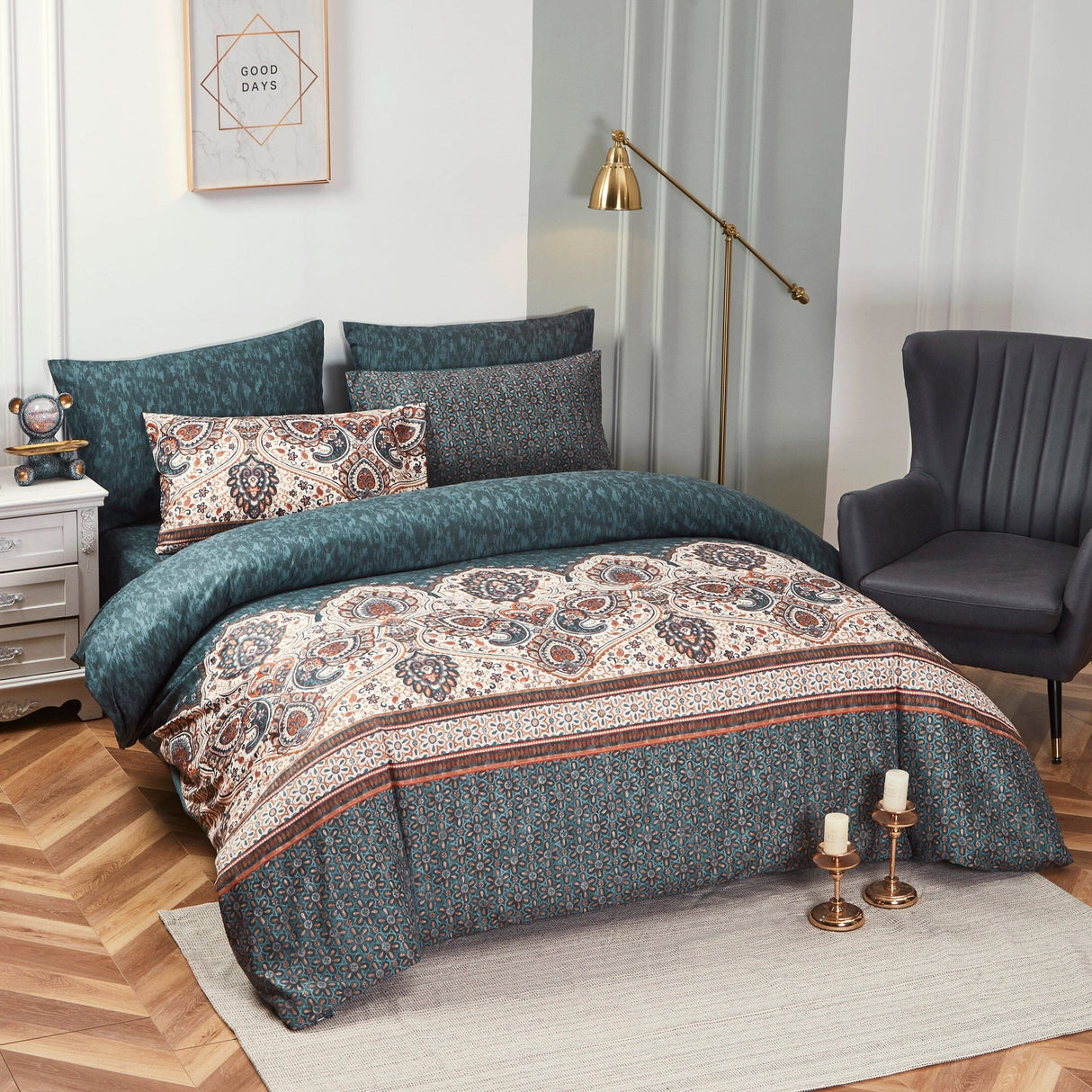 Tache Rustic Paisley Mandala Palace Floral Watercolor Dark Teal Duvet Cover (KF174) from Tache Home Fashion