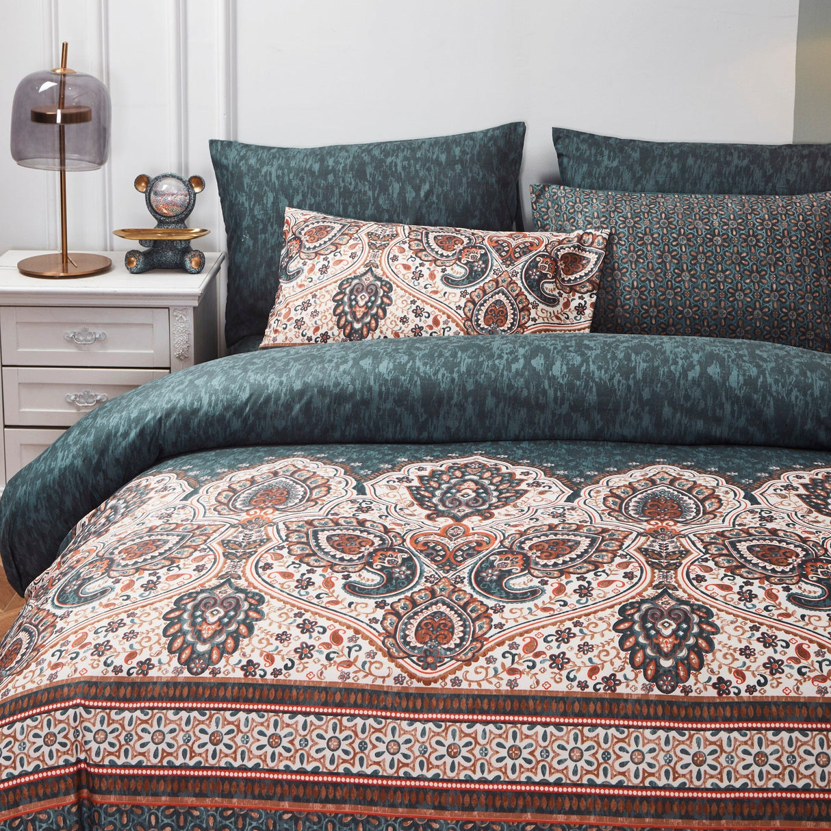 Tache Rustic Paisley Mandala Palace Floral Watercolor Dark Teal Duvet Cover (KF174) from Tache Home Fashion