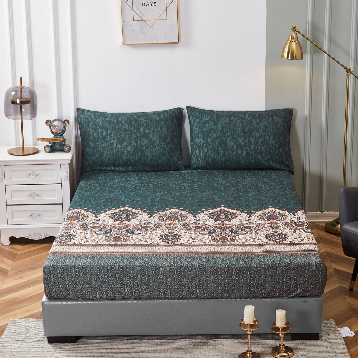 Tache Rustic Paisley Mandala Palace Floral Watercolor Dark Teal Fitted Srcolor Dark Teal Fitteheet / Flat Sheet (KF174)