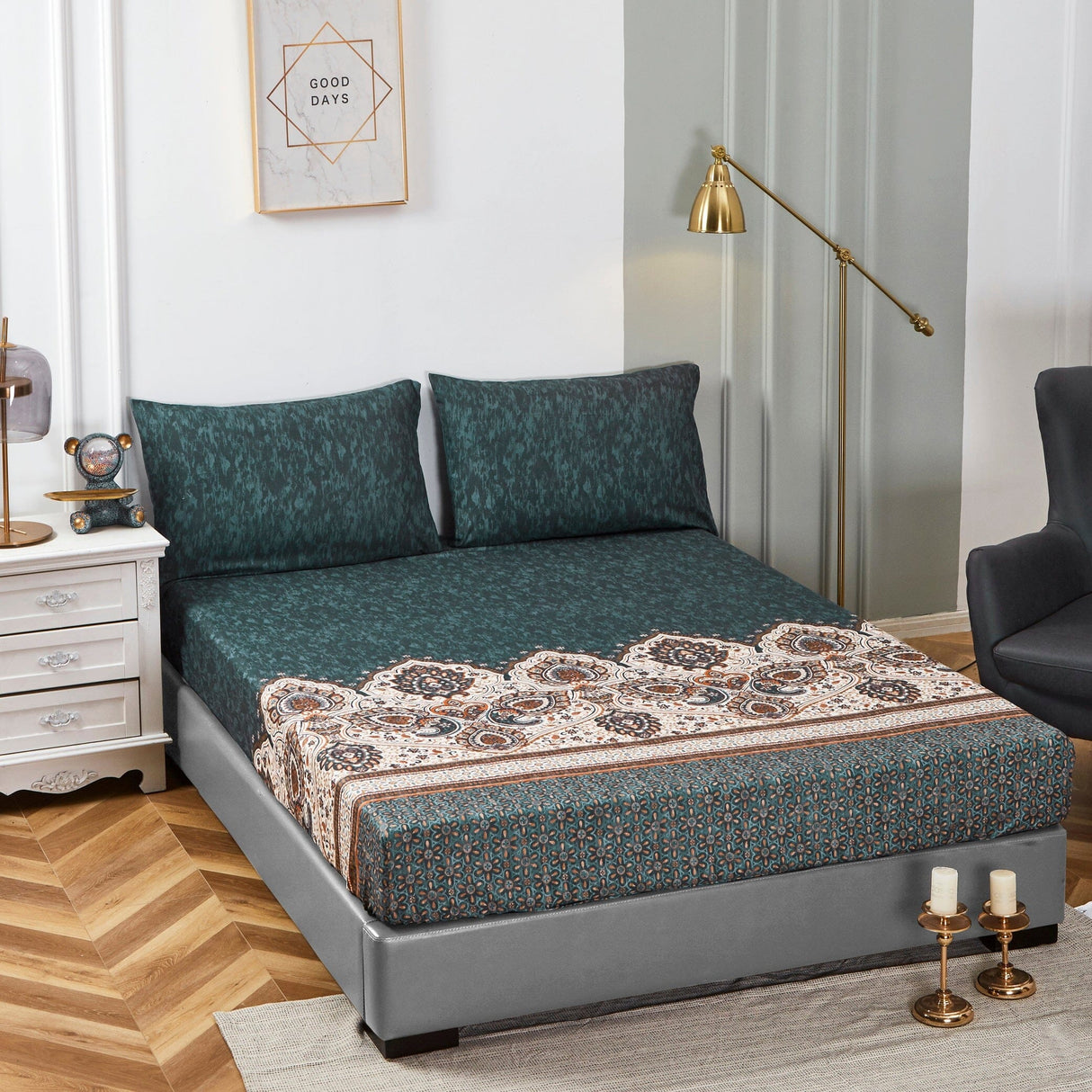 Tache Rustic Paisley Mandala Palace Floral Watercolor Dark Teal Fitted Srcolor Dark Teal Fitteheet / Flat Sheet (KF174)