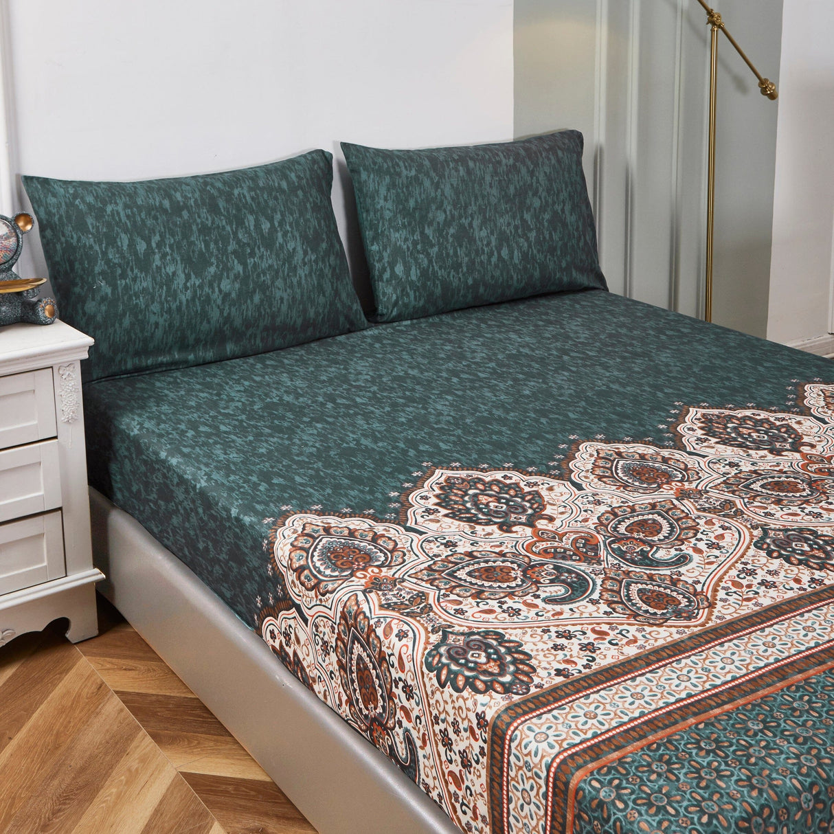 Tache Rustic Paisley Mandala Palace Floral Watercolor Dark Teal Fitted Srcolor Dark Teal Fitteheet / Flat Sheet (KF174)
