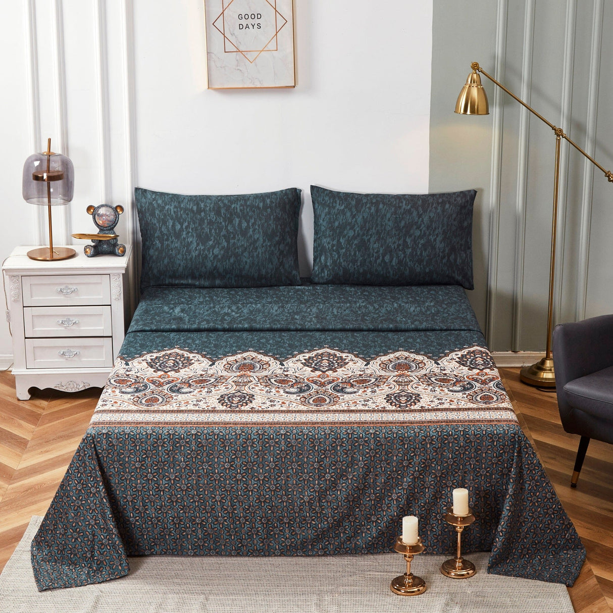 Tache Rustic Paisley Mandala Palace Floral Watercolor Dark Teal Fitted Srcolor Dark Teal Fitteheet / Flat Sheet (KF174)