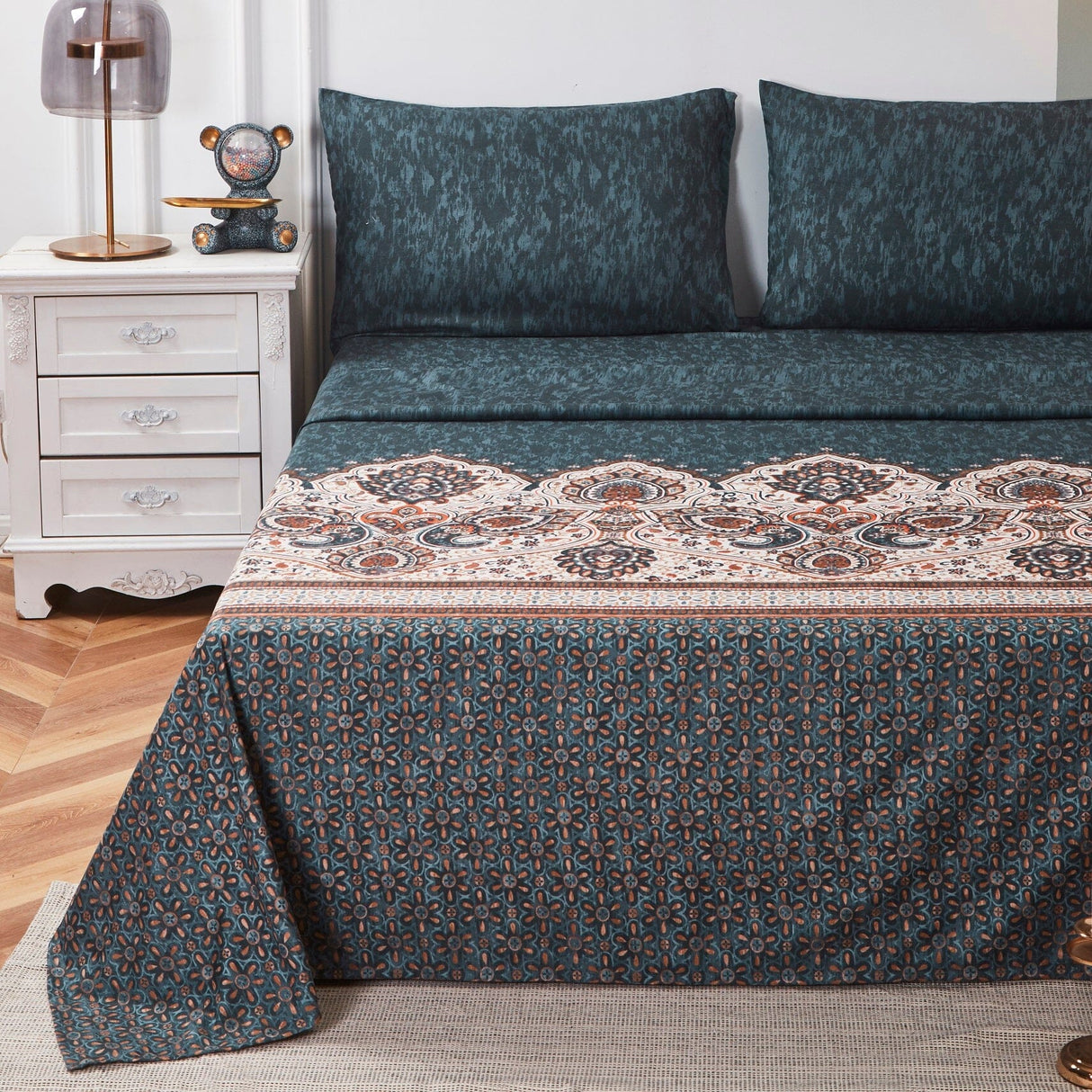 Tache Rustic Paisley Mandala Palace Floral Watercolor Dark Teal Fitted Srcolor Dark Teal Fitteheet / Flat Sheet (KF174)