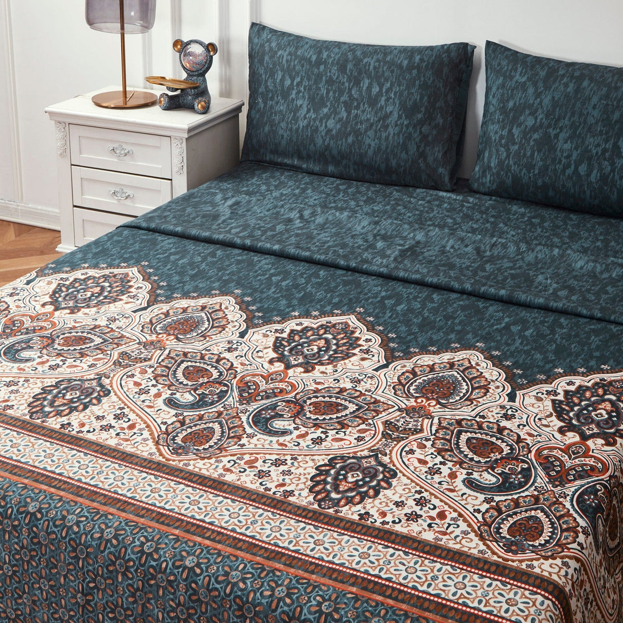 Tache Rustic Paisley Mandala Palace Floral Watercolor Dark Teal Fitted Srcolor Dark Teal Fitteheet / Flat Sheet (KF174)
