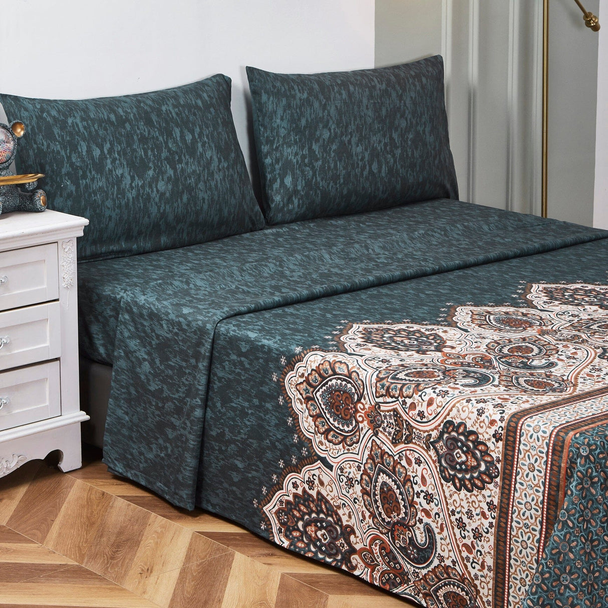 Tache Rustic Paisley Mandala Palace Floral Watercolor Dark Teal Fitted Srcolor Dark Teal Fitteheet / Flat Sheet (KF174)