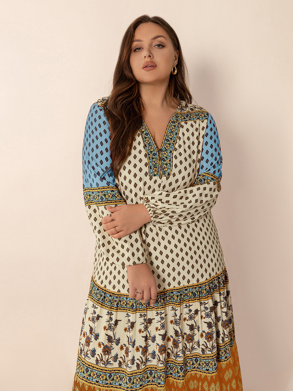Plus Size Printed V-Neck Balloon Sleeve Maxi Dress from Enfance-Heureuse