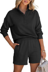 Black Casual High Neck Henley Top and Short Outfit from MsDressly