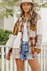 Sutton Plaid Color Block Patchwork Shirt Jacket with Pocket from Threaded Pear
