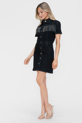 bytos Full Size Embellished Button Down Short Sleeve Denim Dress from Enfance-Heureuse