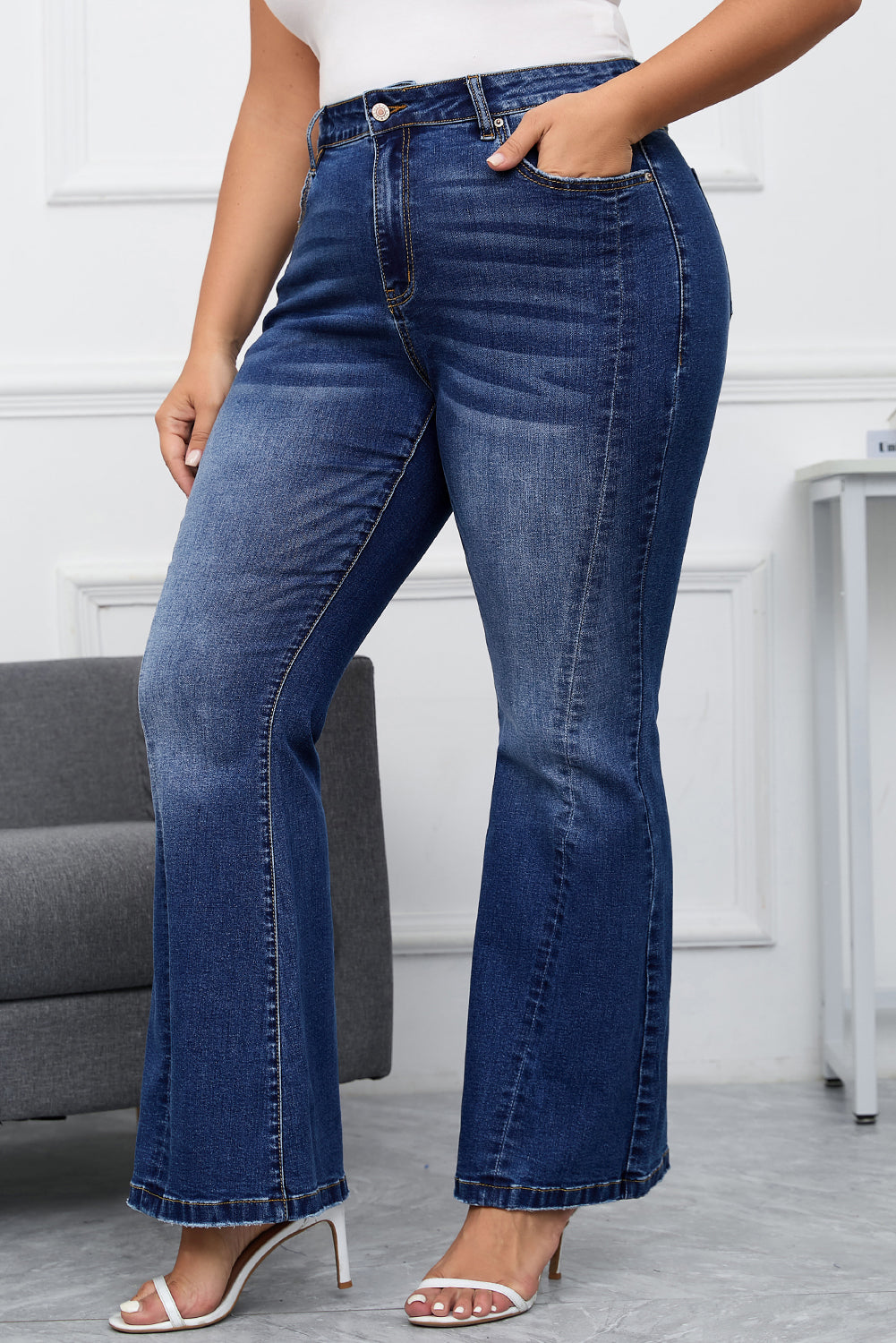 Aila Dark Blue Plus Size Stitching Flare Jeans From Threaded Pear